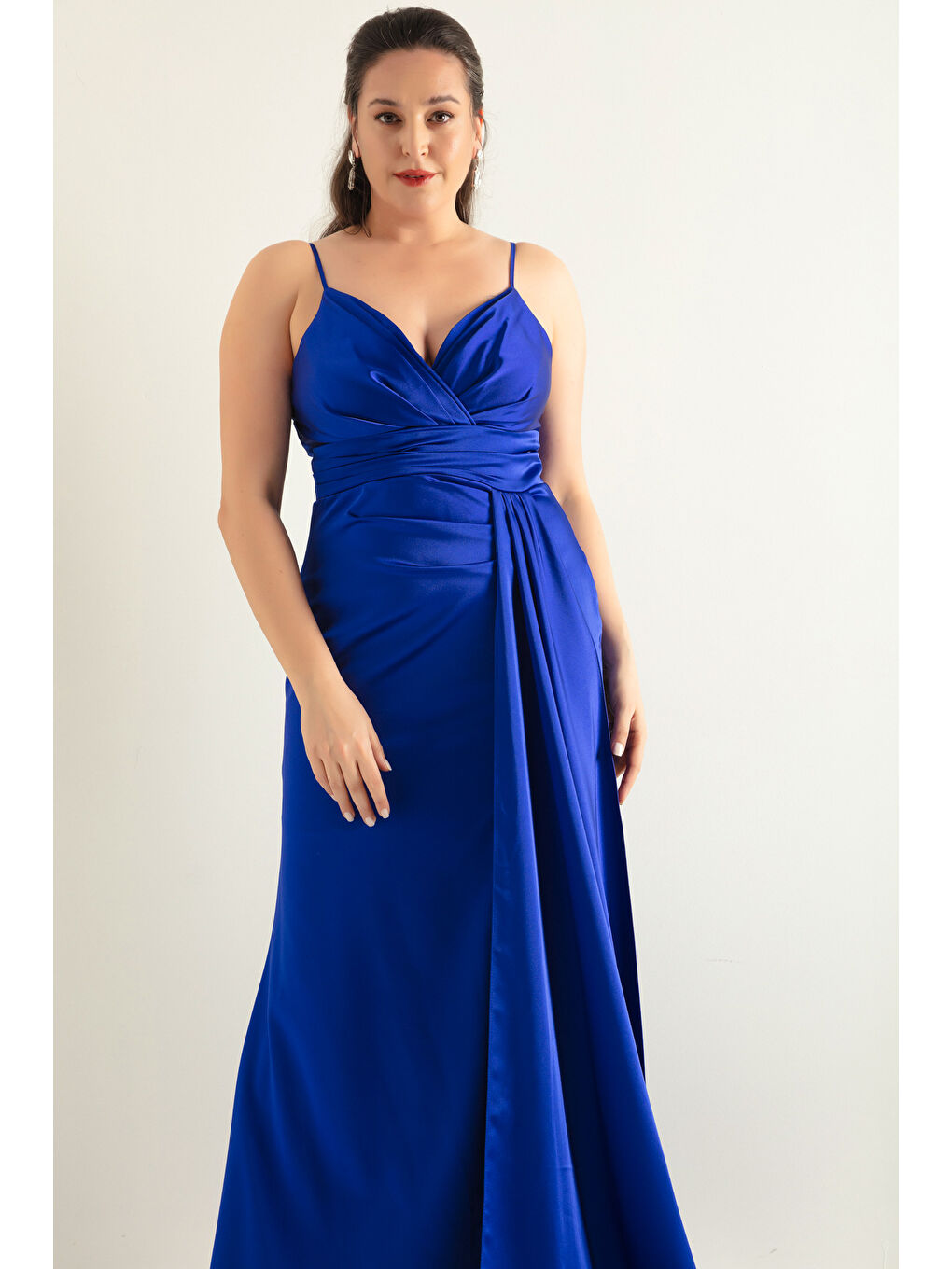 Mavi Kadın Saks Büyük Beden Uzun Saten Abiye Elbise & Mezuniyet Elbisesi-1