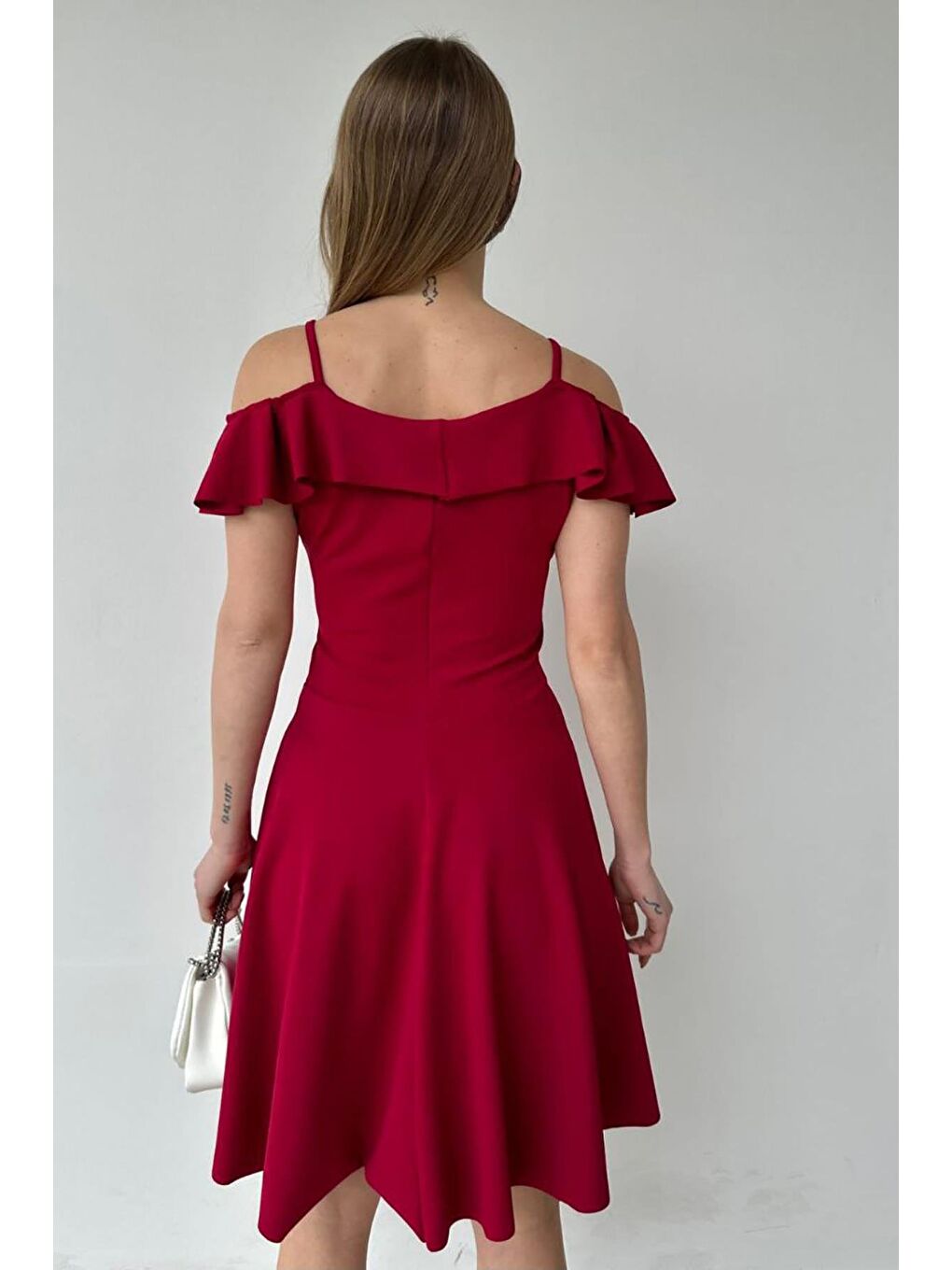 Bordo Askılı Omuz Fırfırlı Elbise-4