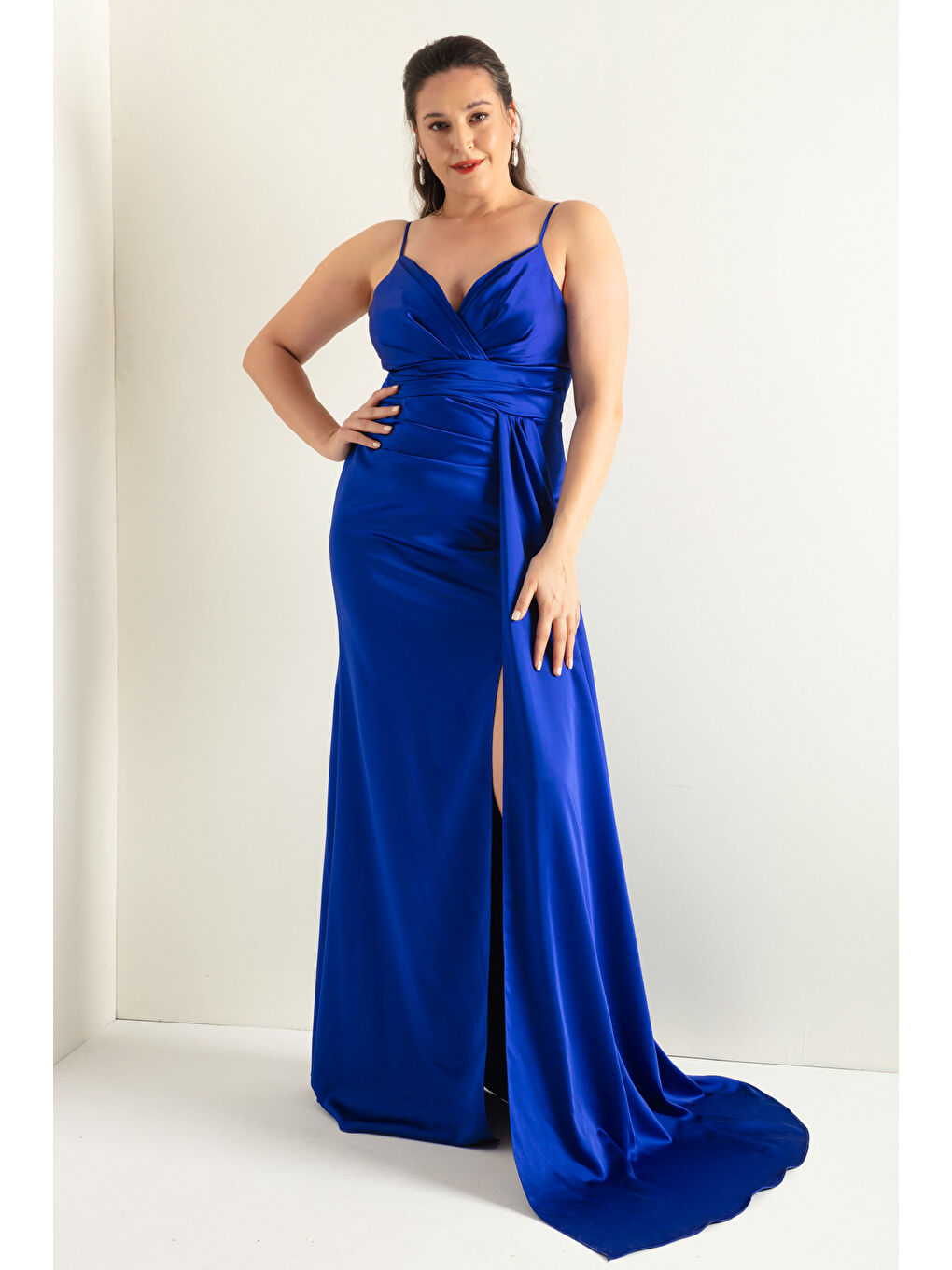 Mavi Kadın Saks Büyük Beden Uzun Saten Abiye Elbise & Mezuniyet Elbisesi-2