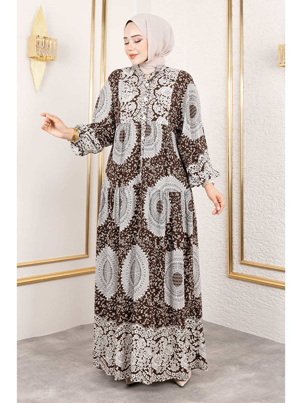 Varak Desenli Viskon Elbise TSD250191 Kahverengi-3