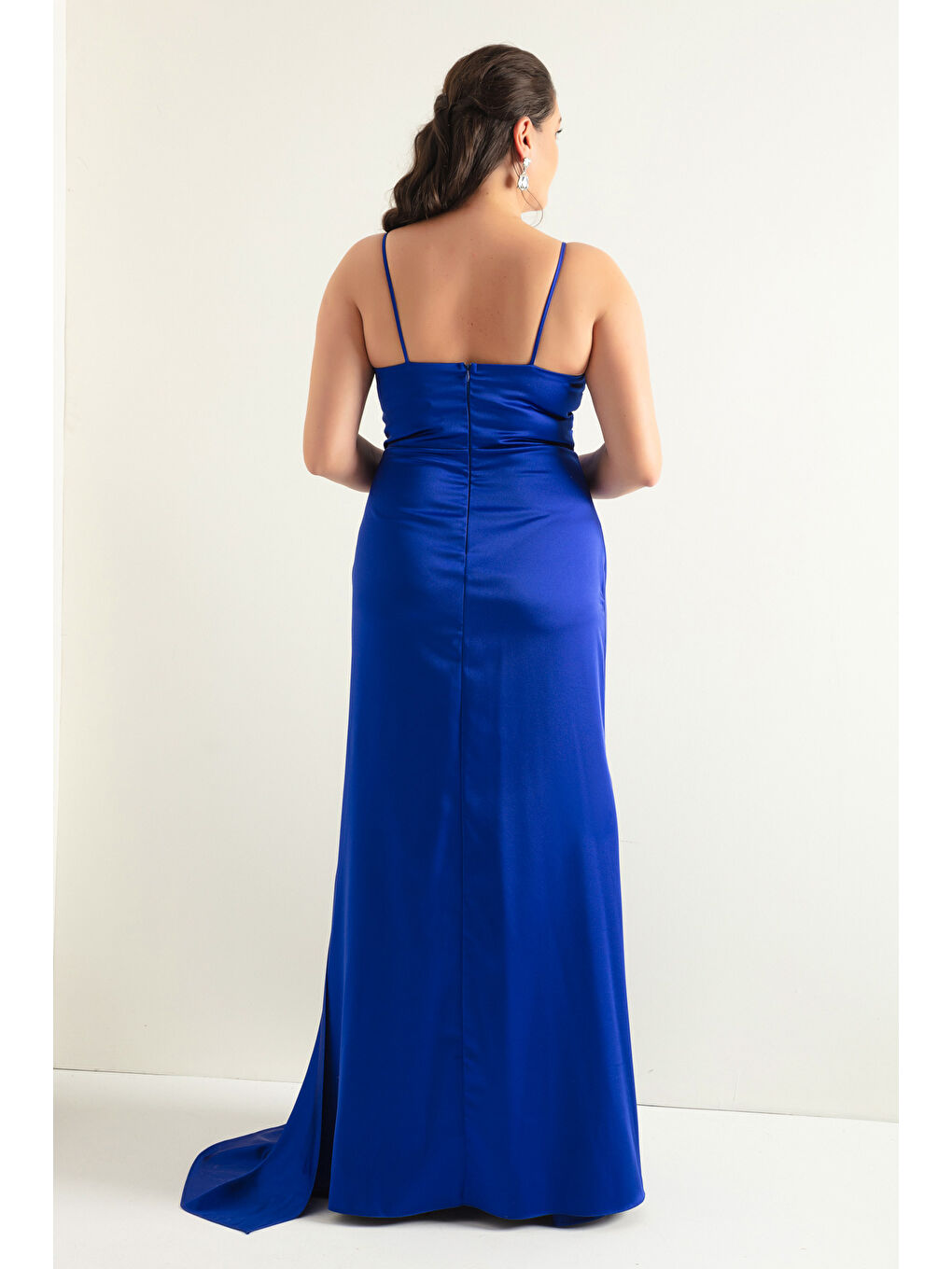 Mavi Kadın Saks Büyük Beden Uzun Saten Abiye Elbise & Mezuniyet Elbisesi-4