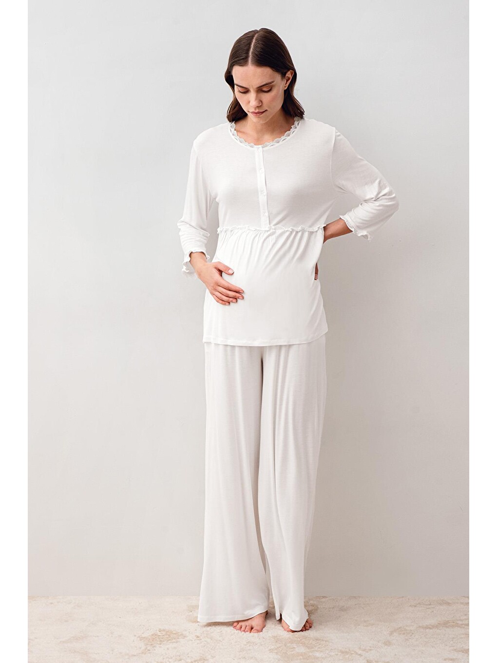 Ekru Uzun Kollu Elastanlı Viskoz Hamile Sabahlık Pijama Takım 20302-2
