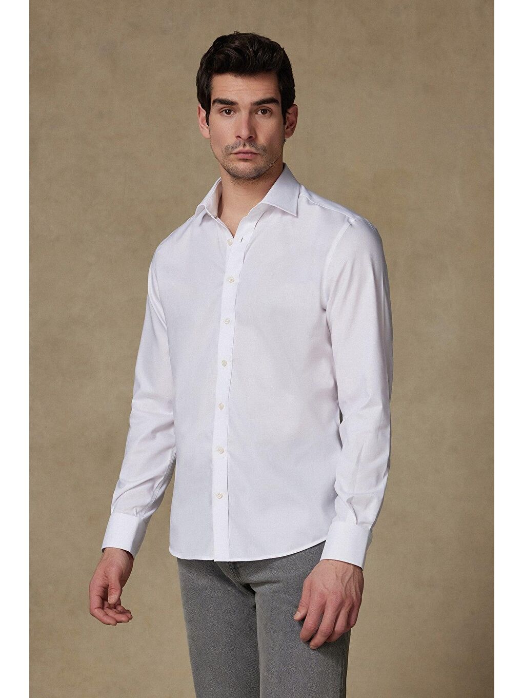 Enzo Poplin Stretch Pamuk Karışımlı Slim Fit Beyaz Klasik Yaka Erkek Düz Gömlek