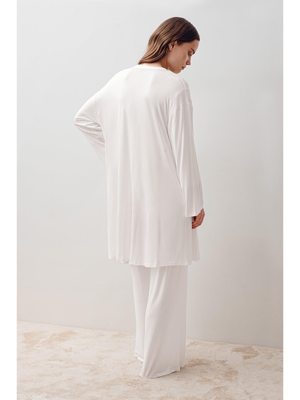 Ekru Uzun Kollu Elastanlı Viskoz Hamile Sabahlık Pijama Takım 20302-4
