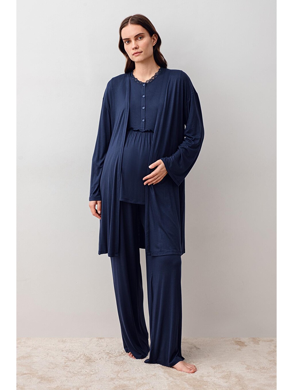 Lacivert Uzun Kollu Elastanlı Viskoz Hamile Sabahlık Pijama Takım 20302