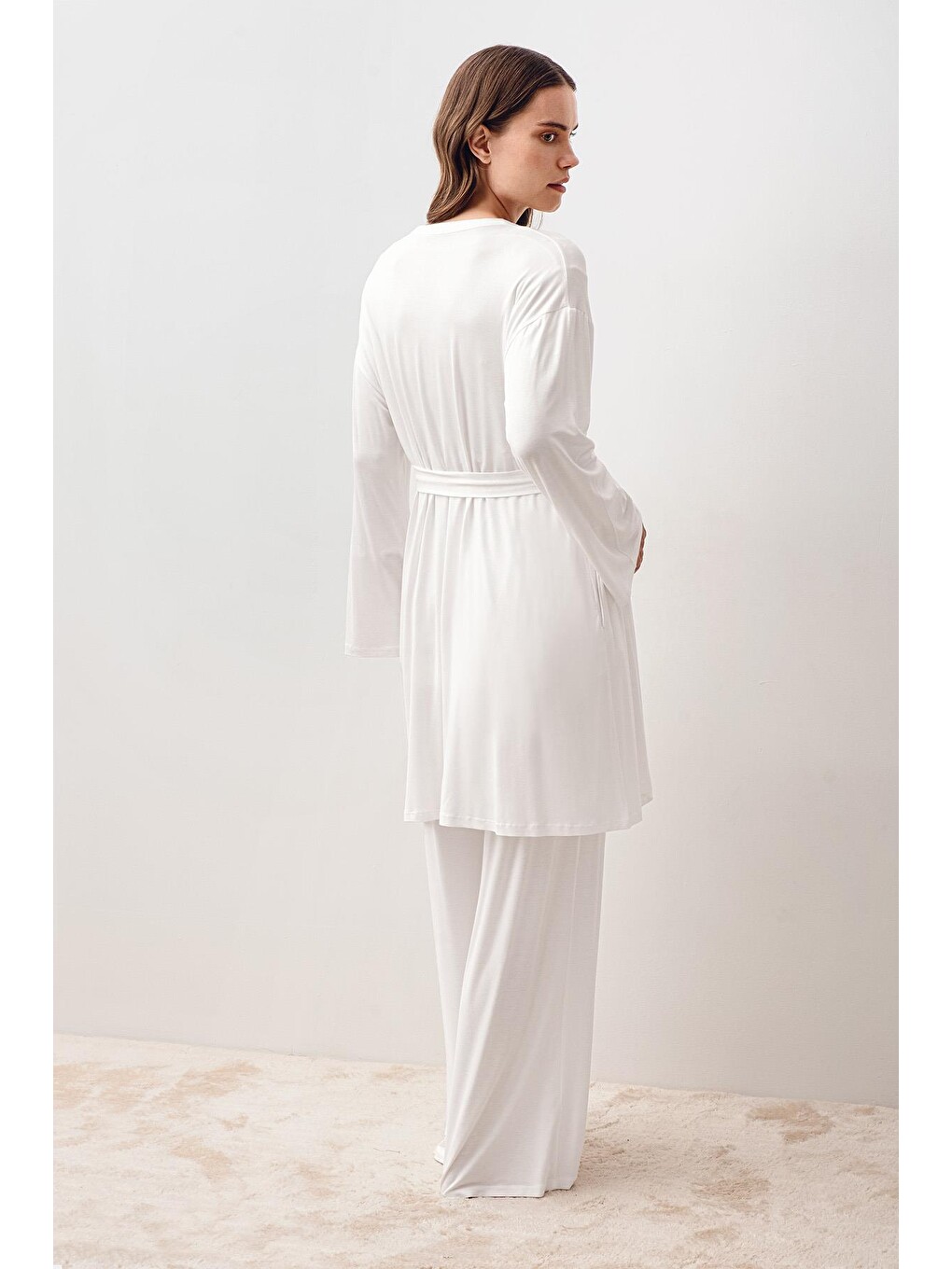 Ekru Uzun Kollu Elastanlı Viskoz Hamile Sabahlık Pijama Takım 20302-5