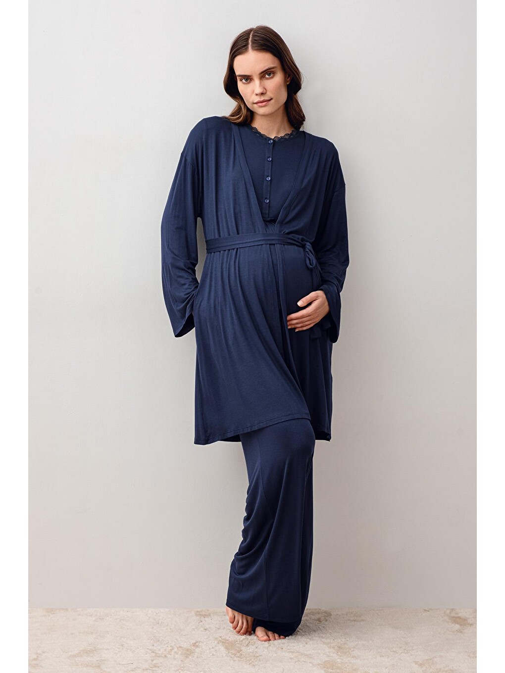 Lacivert Uzun Kollu Elastanlı Viskoz Hamile Sabahlık Pijama Takım 20302-1