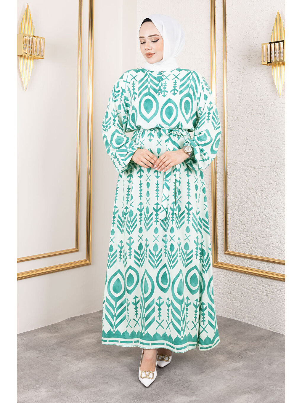 Damla Desenli Viskon Elbise TSD250140 Mint Yeşili
