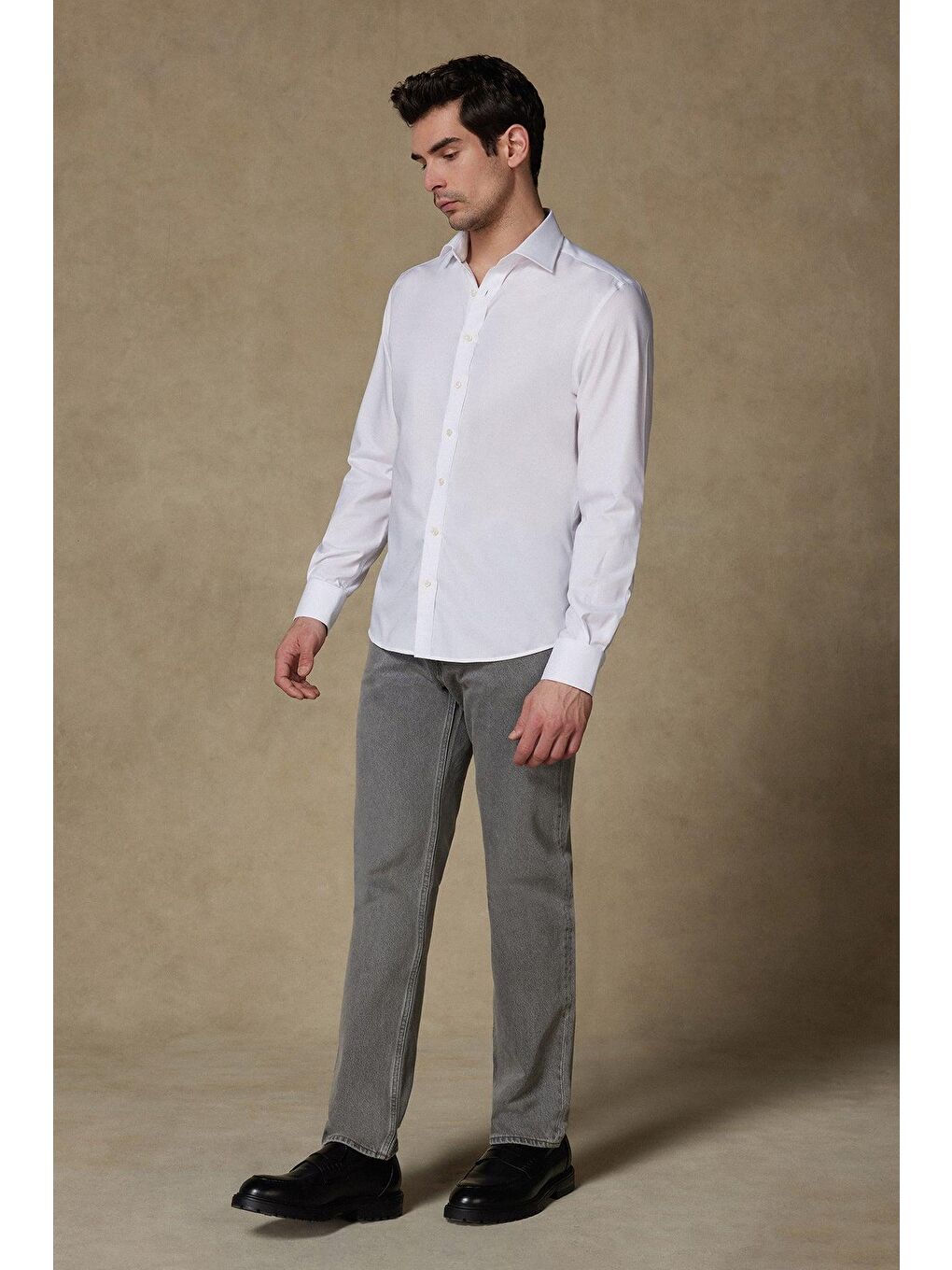 Enzo Poplin Stretch Pamuk Karışımlı Slim Fit Beyaz Klasik Yaka Erkek Düz Gömlek-2