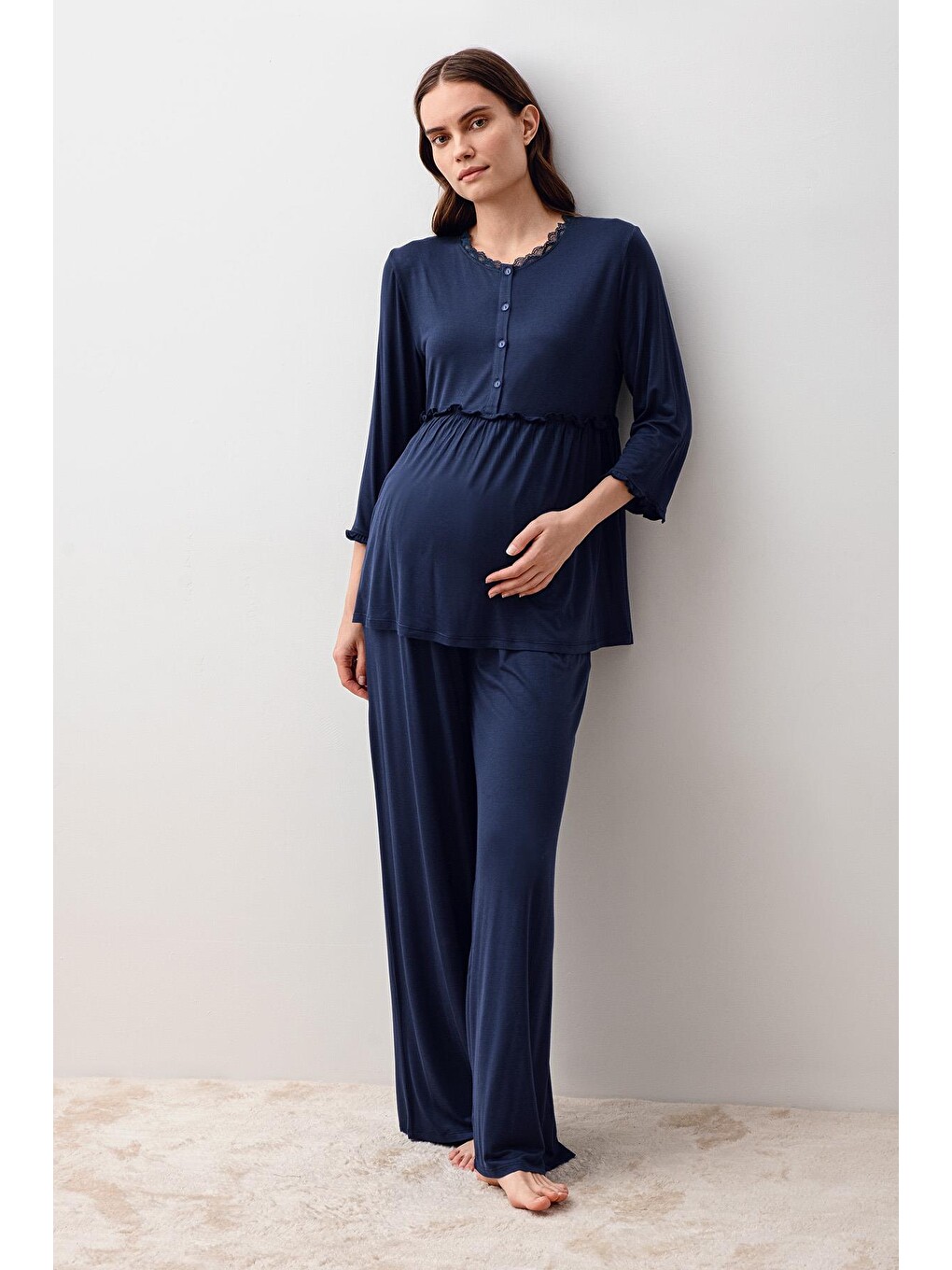 Lacivert Uzun Kollu Elastanlı Viskoz Hamile Sabahlık Pijama Takım 20302-2
