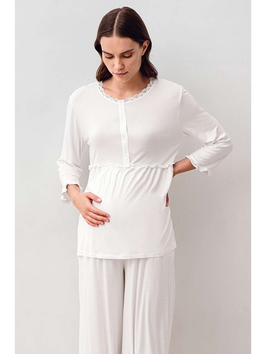 Ekru Uzun Kollu Elastanlı Viskoz Hamile Sabahlık Pijama Takım 20302-7