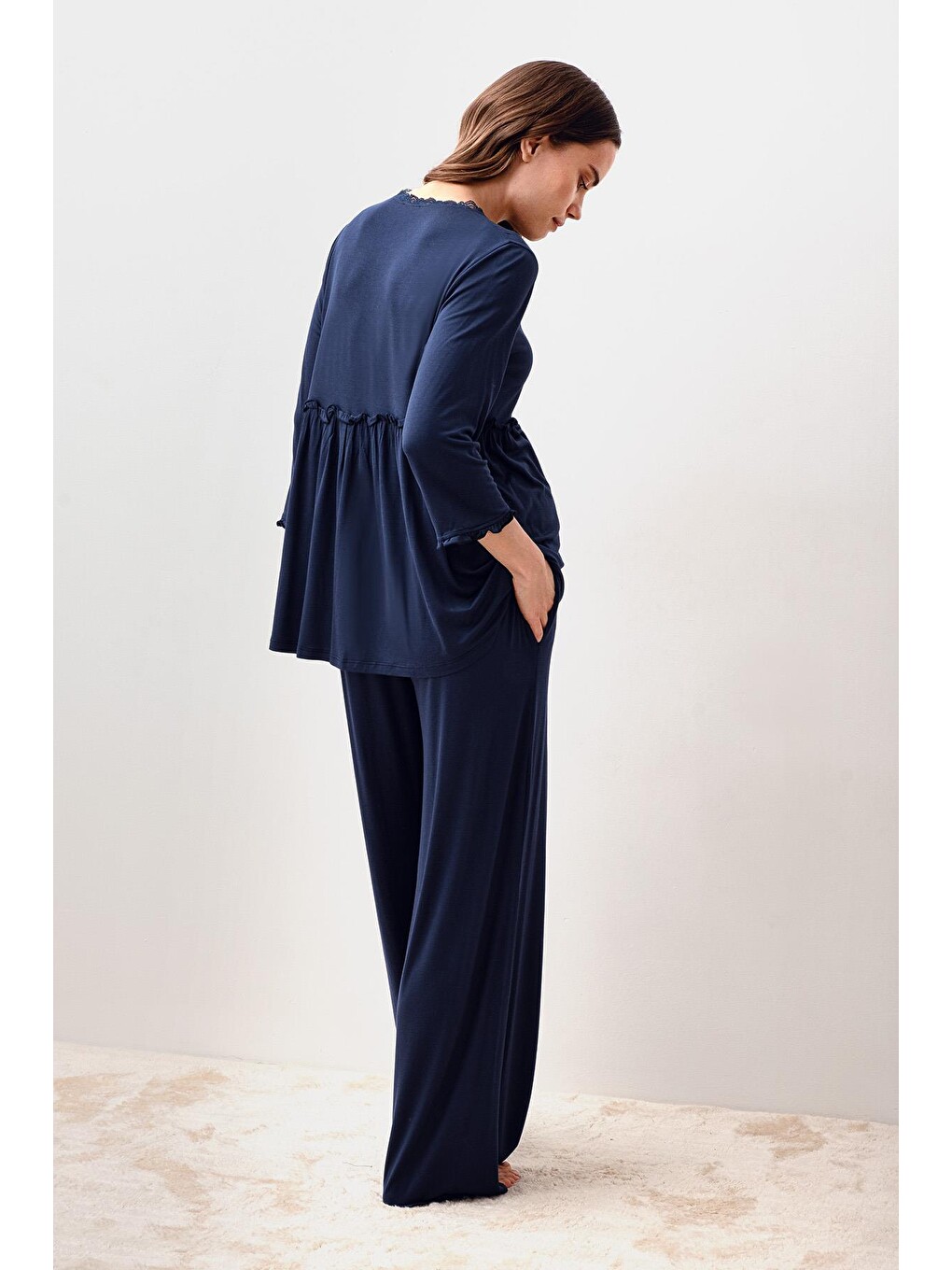 Lacivert Uzun Kollu Elastanlı Viskoz Hamile Sabahlık Pijama Takım 20302-3