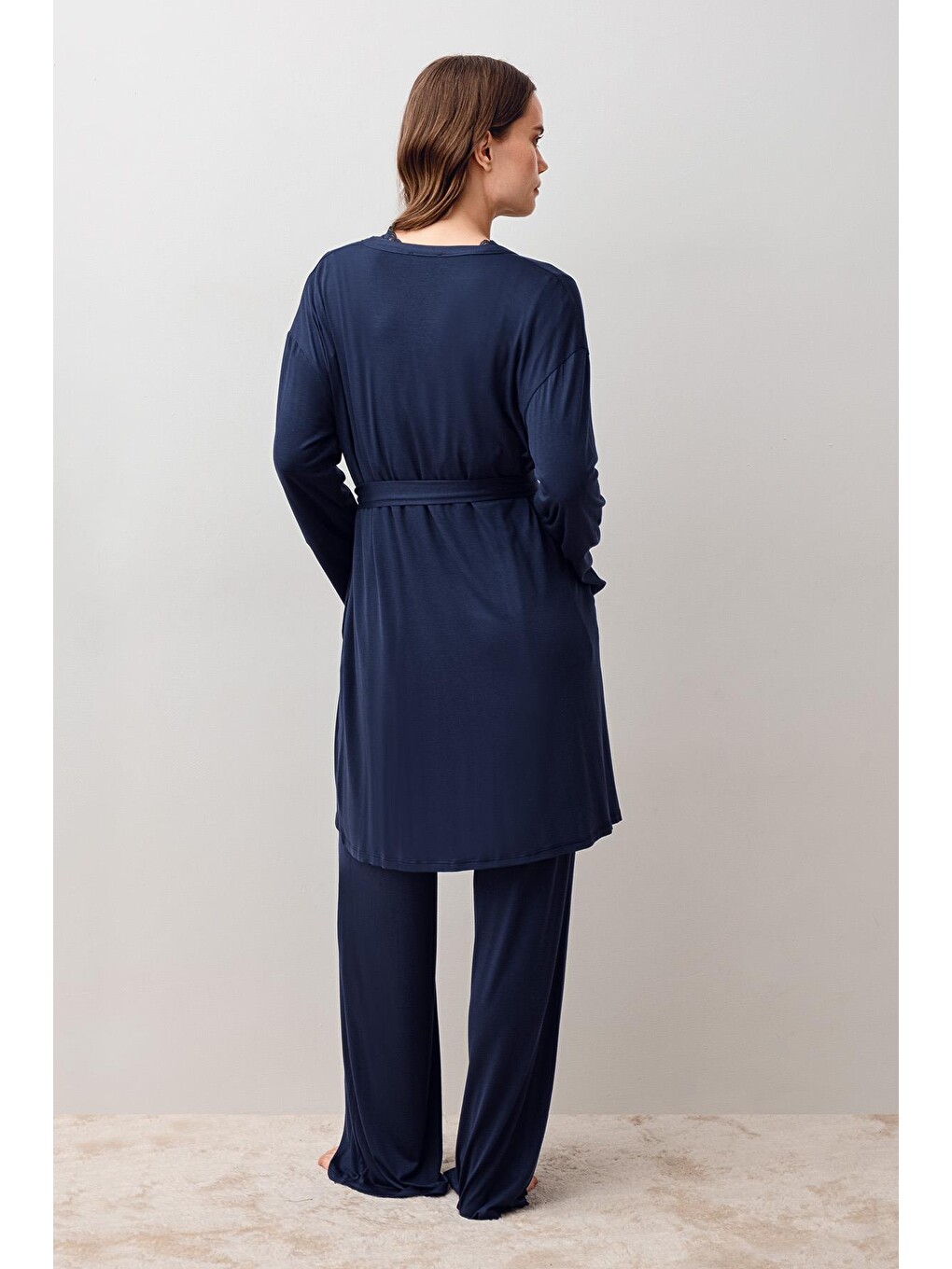 Lacivert Uzun Kollu Elastanlı Viskoz Hamile Sabahlık Pijama Takım 20302-5