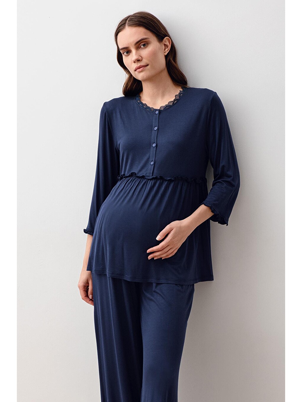 Lacivert Uzun Kollu Elastanlı Viskoz Hamile Sabahlık Pijama Takım 20302-6