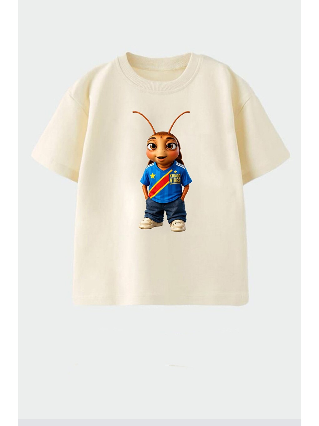 Bej Unisex Çocuk Pamuklu Demokratik Kongo Baskılı T-shirt