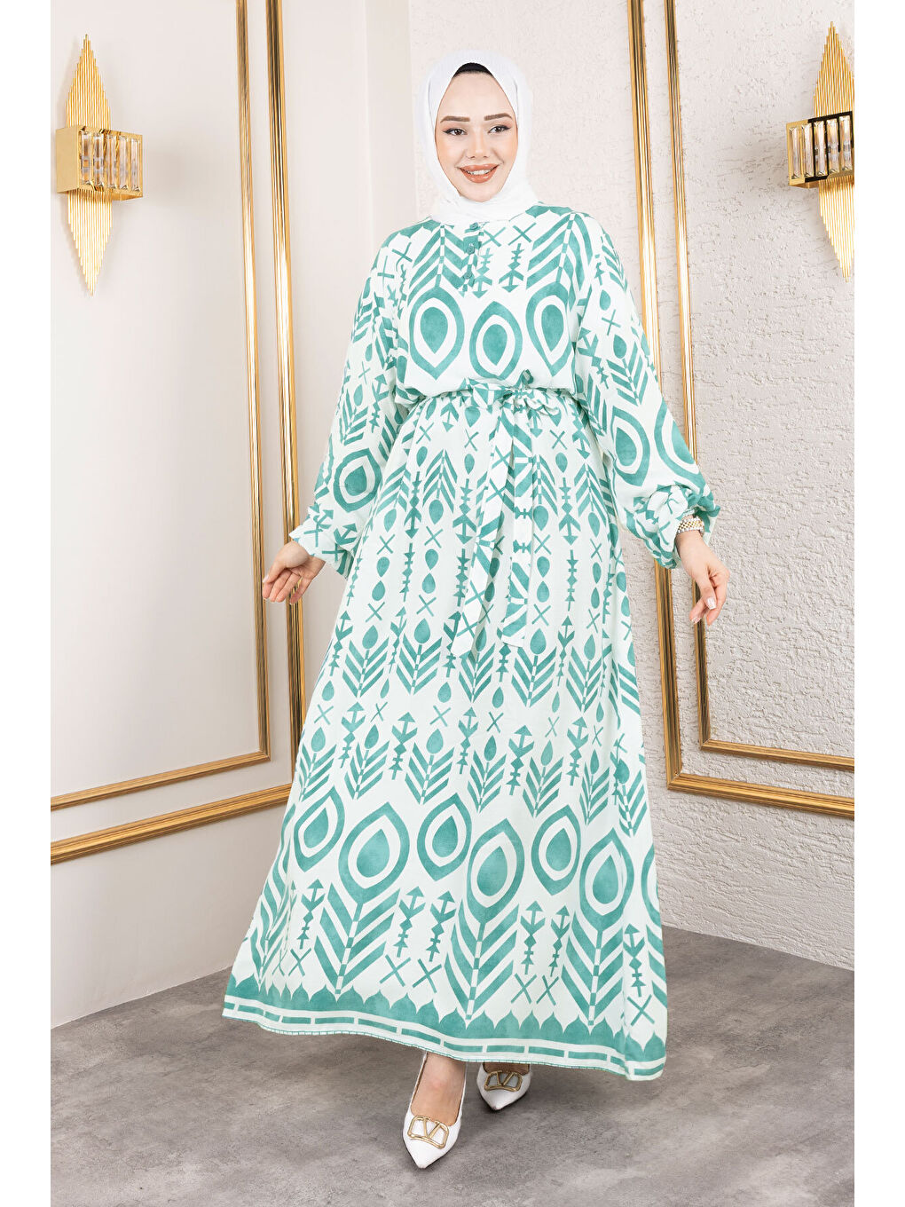 Damla Desenli Viskon Elbise TSD250140 Mint Yeşili-2