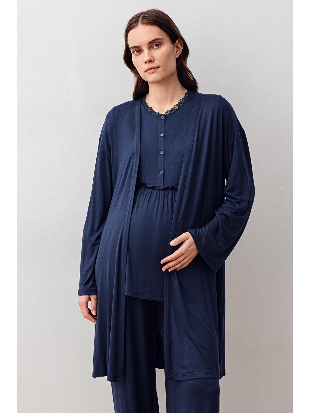 Lacivert Uzun Kollu Elastanlı Viskoz Hamile Sabahlık Pijama Takım 20302-7