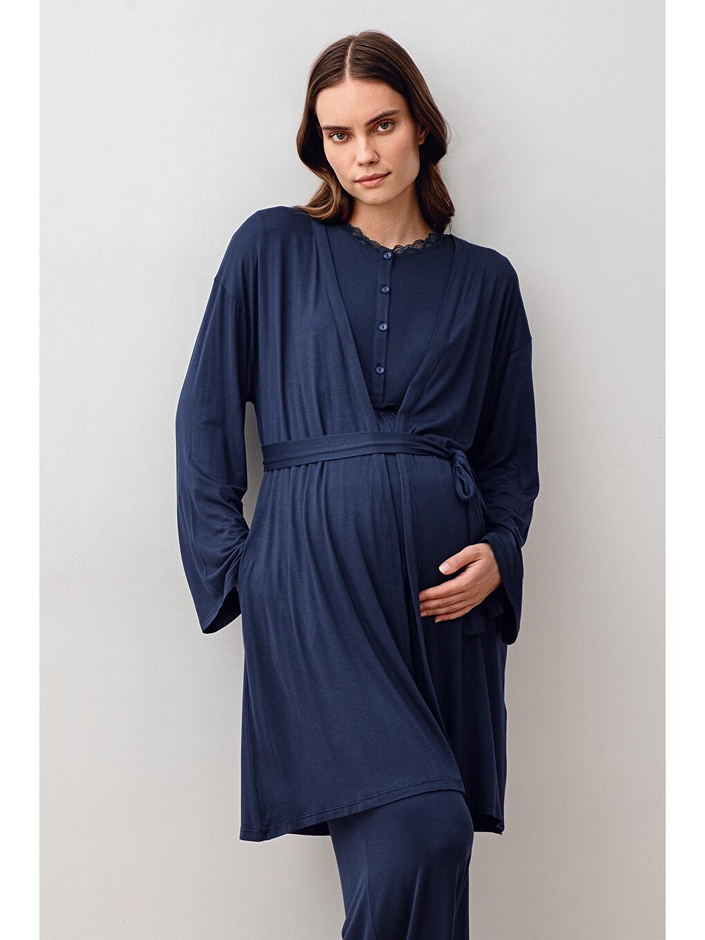 Lacivert Uzun Kollu Elastanlı Viskoz Hamile Sabahlık Pijama Takım 20302-8