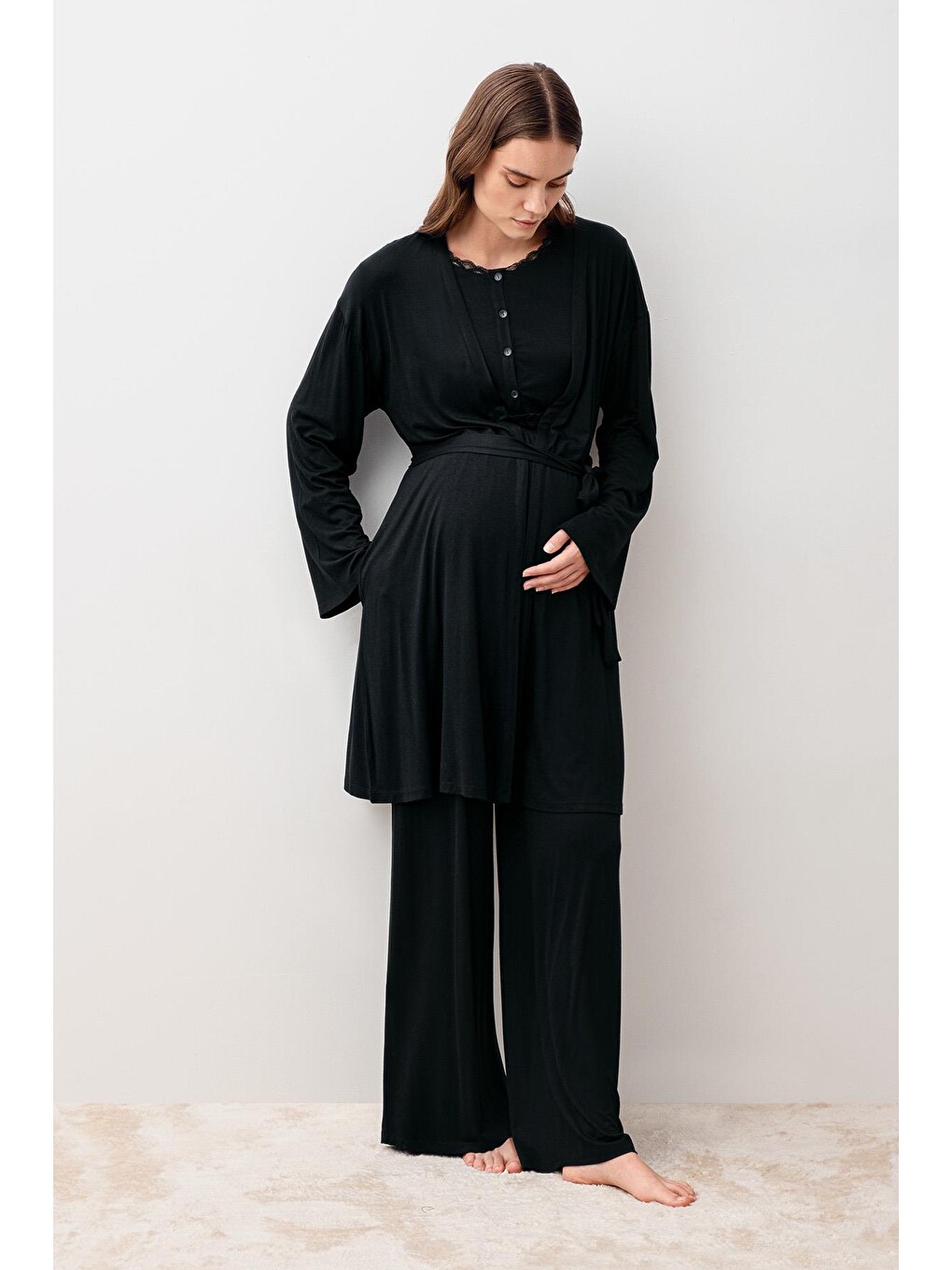 Siyah Uzun Kollu Elastanlı Viskoz Hamile Sabahlık Pijama Takım 20302-2
