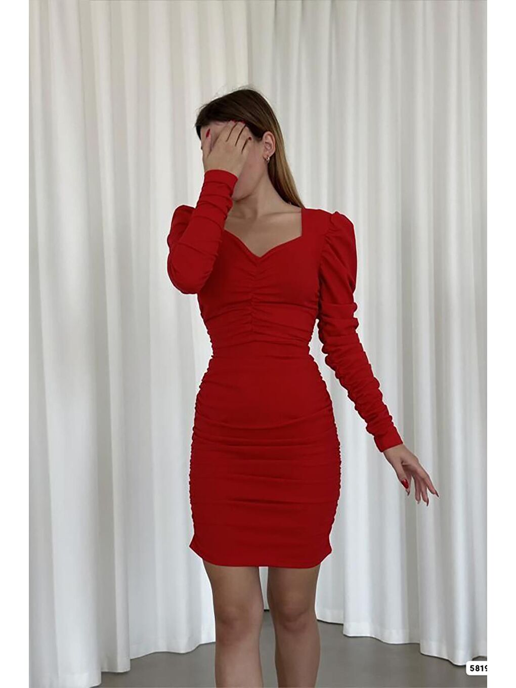 Kırmızı Prenses Kol Detay Drapeli Uzun Kollu Elbise-3