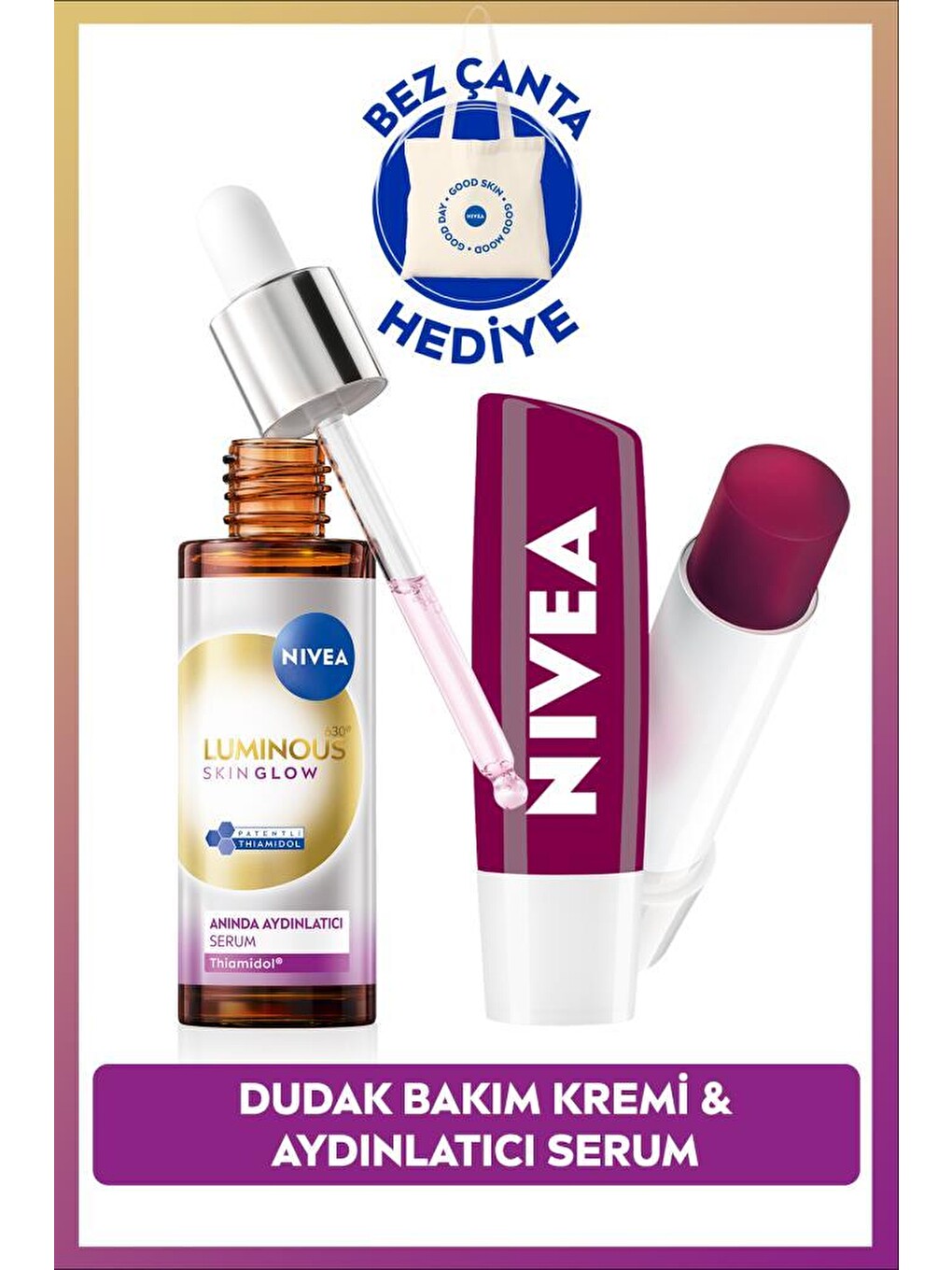 Luminous630 Skin Glow Aydınlatıcı Serum 30ml Ve Böğürtlen Nemlendirici Dudak Kremi, Çanta Hediye