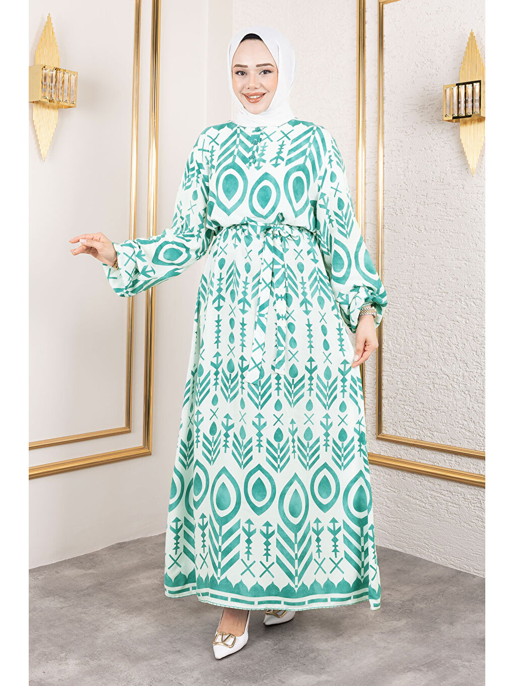 Damla Desenli Viskon Elbise TSD250140 Mint Yeşili-3