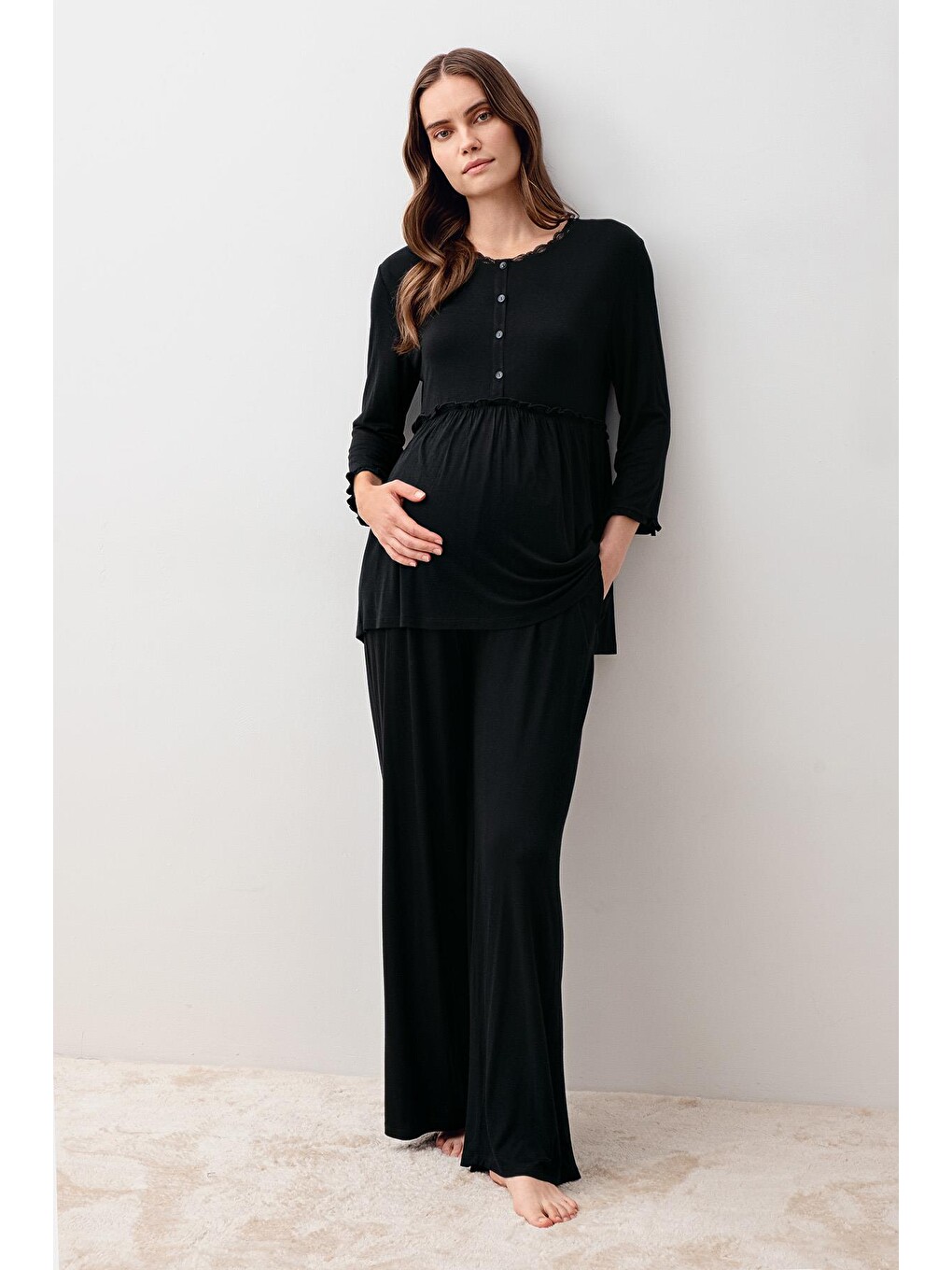Siyah Uzun Kollu Elastanlı Viskoz Hamile Sabahlık Pijama Takım 20302-6