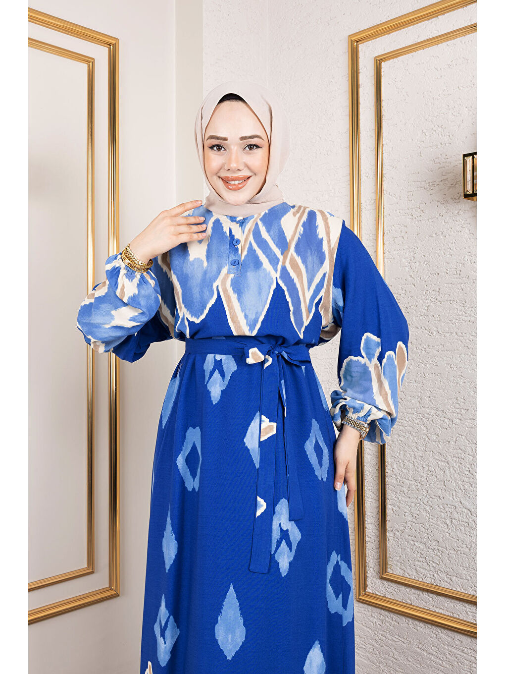 Renk Garnili Tesettür Elbise TSD250143 Mavi-1