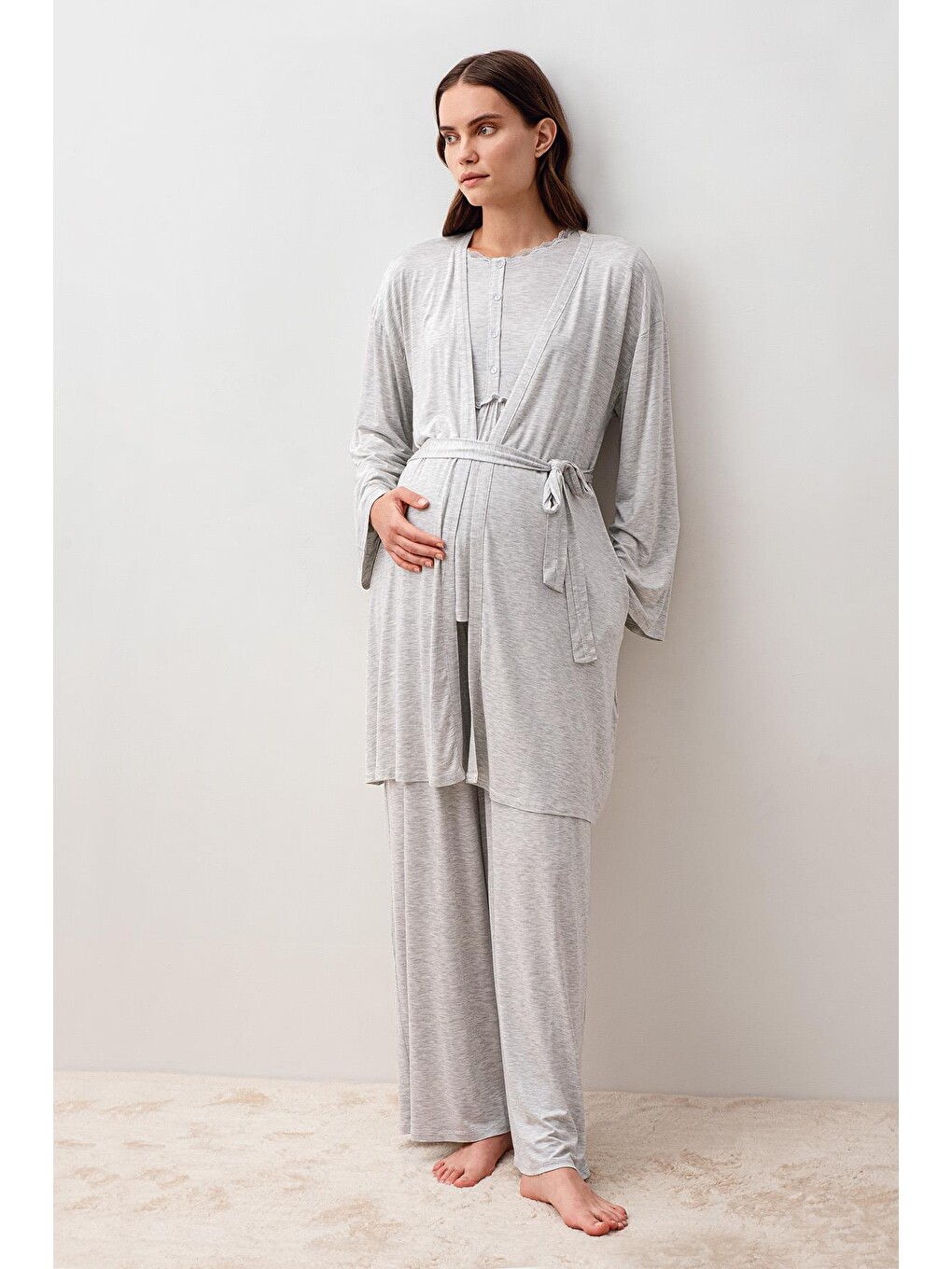 Gri Uzun Kollu Elastanlı Viskoz Hamile Sabahlık Pijama Takım 20302-1
