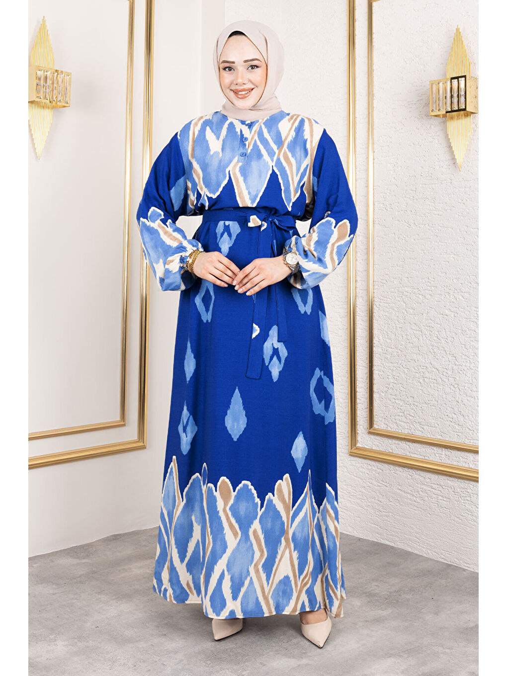 Renk Garnili Tesettür Elbise TSD250143 Mavi-2
