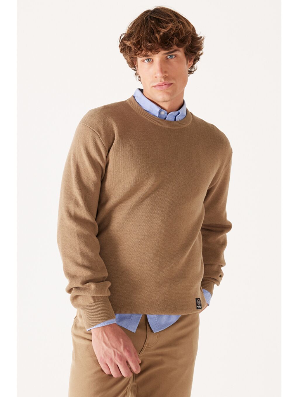 Bej Regular Fit Normal Kesim Bisiklet Yaka Camel Tirko Kazak