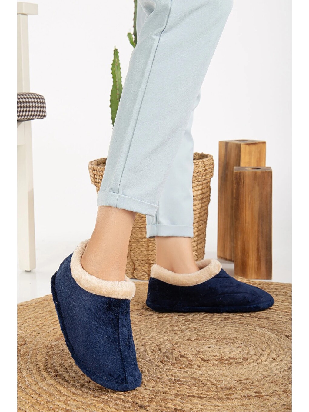 Unisex Pelüş Içi Yünlü Kışlık Panduf Ev Pandufu Lacivert-1
