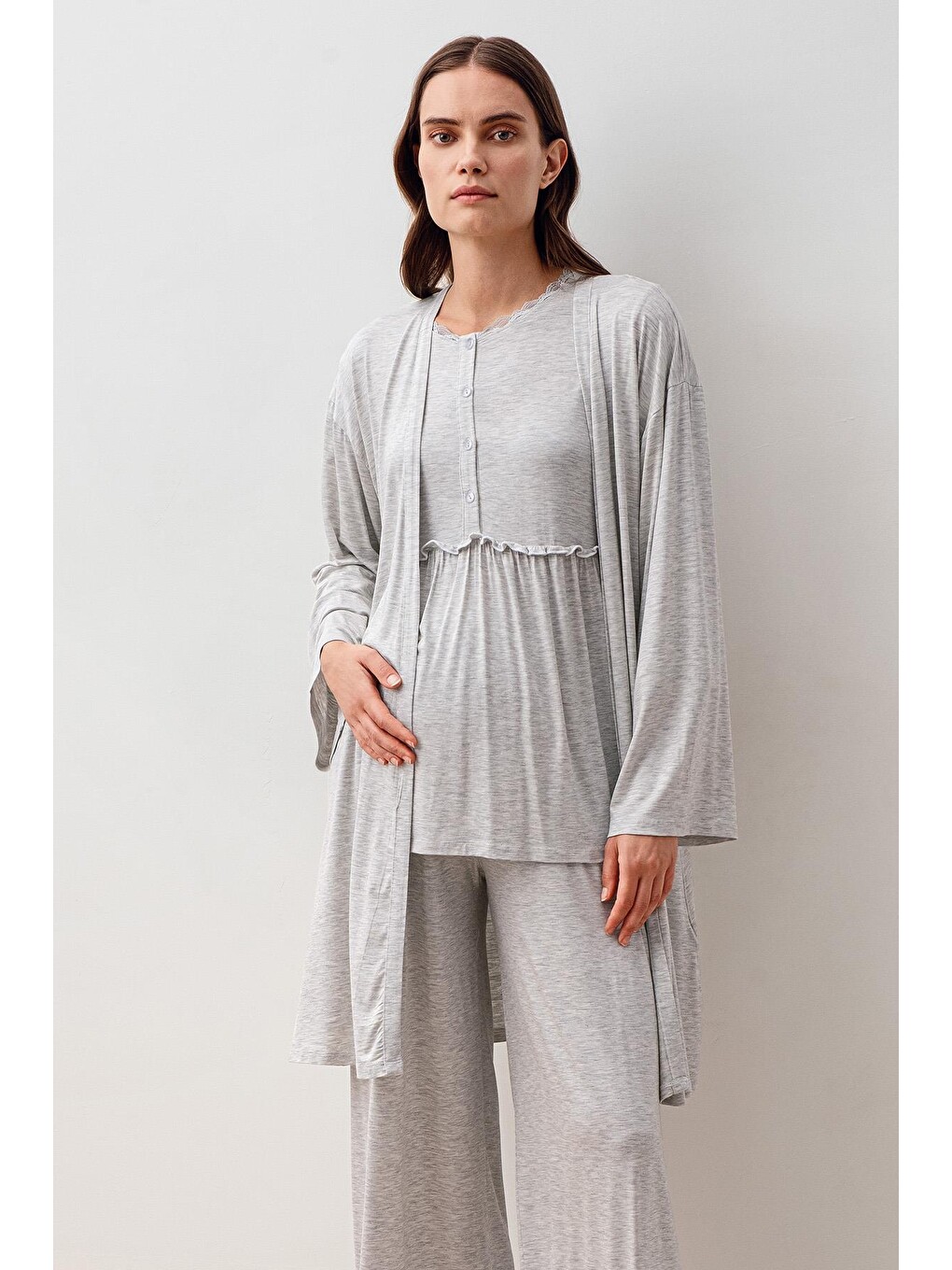 Gri Uzun Kollu Elastanlı Viskoz Hamile Sabahlık Pijama Takım 20302-2