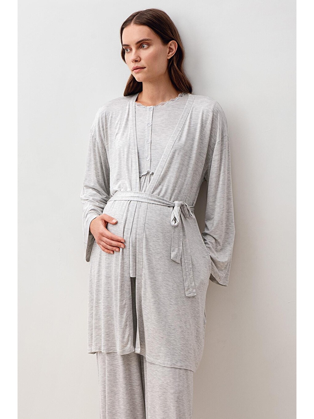 Gri Uzun Kollu Elastanlı Viskoz Hamile Sabahlık Pijama Takım 20302-3