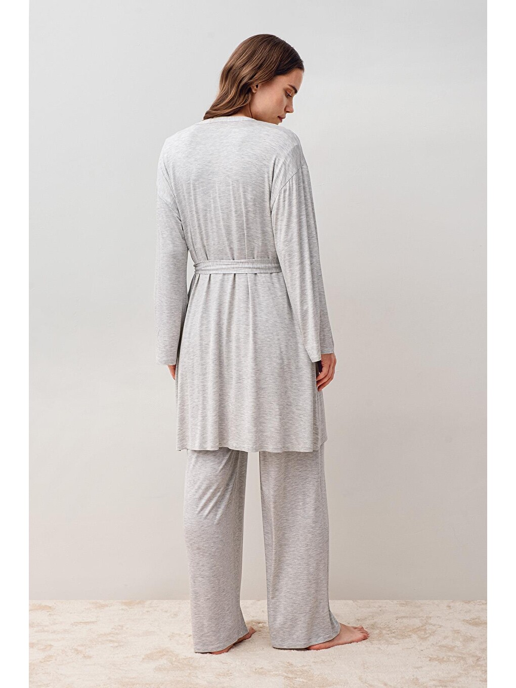 Gri Uzun Kollu Elastanlı Viskoz Hamile Sabahlık Pijama Takım 20302-4