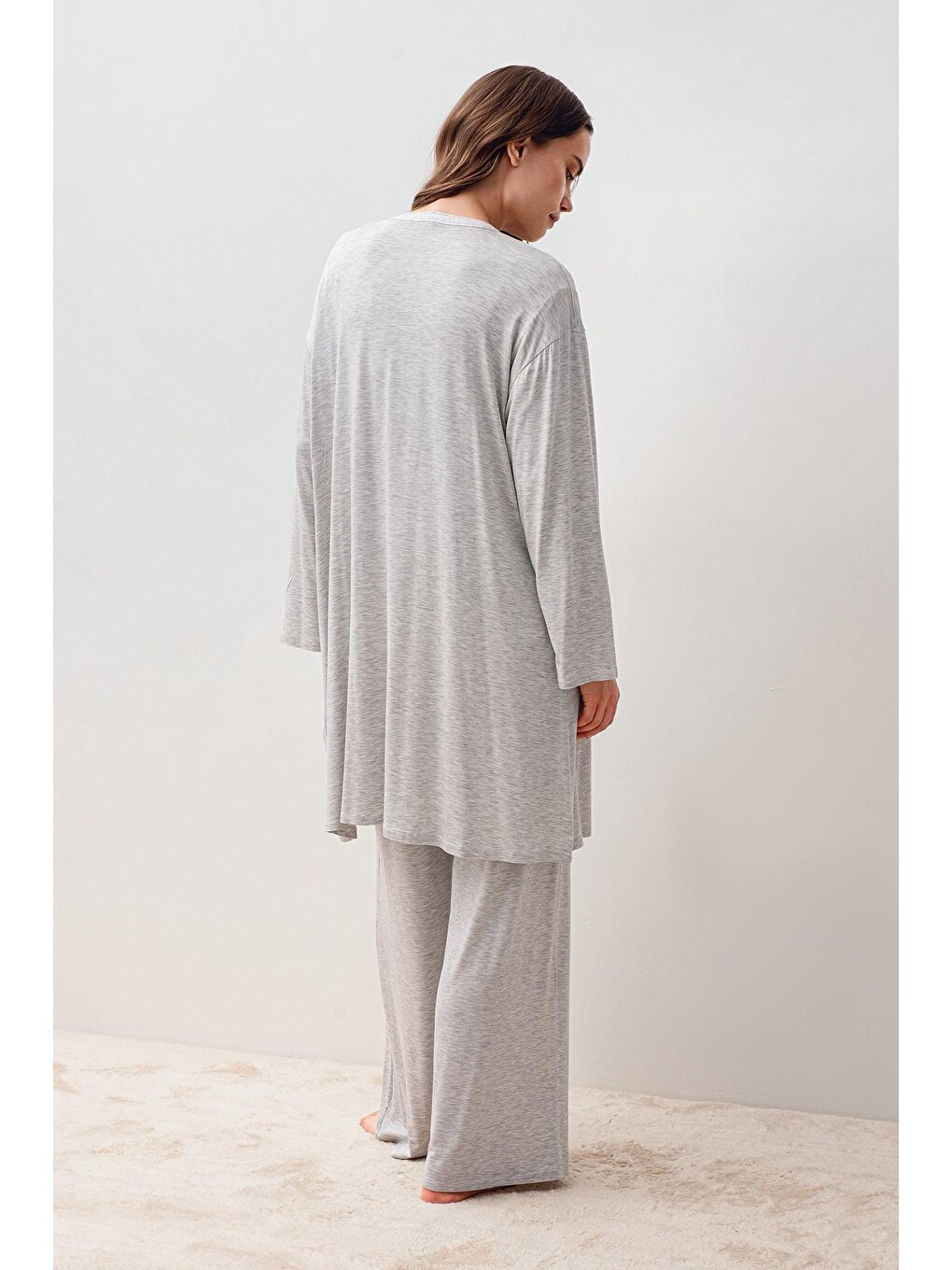 Gri Uzun Kollu Elastanlı Viskoz Hamile Sabahlık Pijama Takım 20302-5