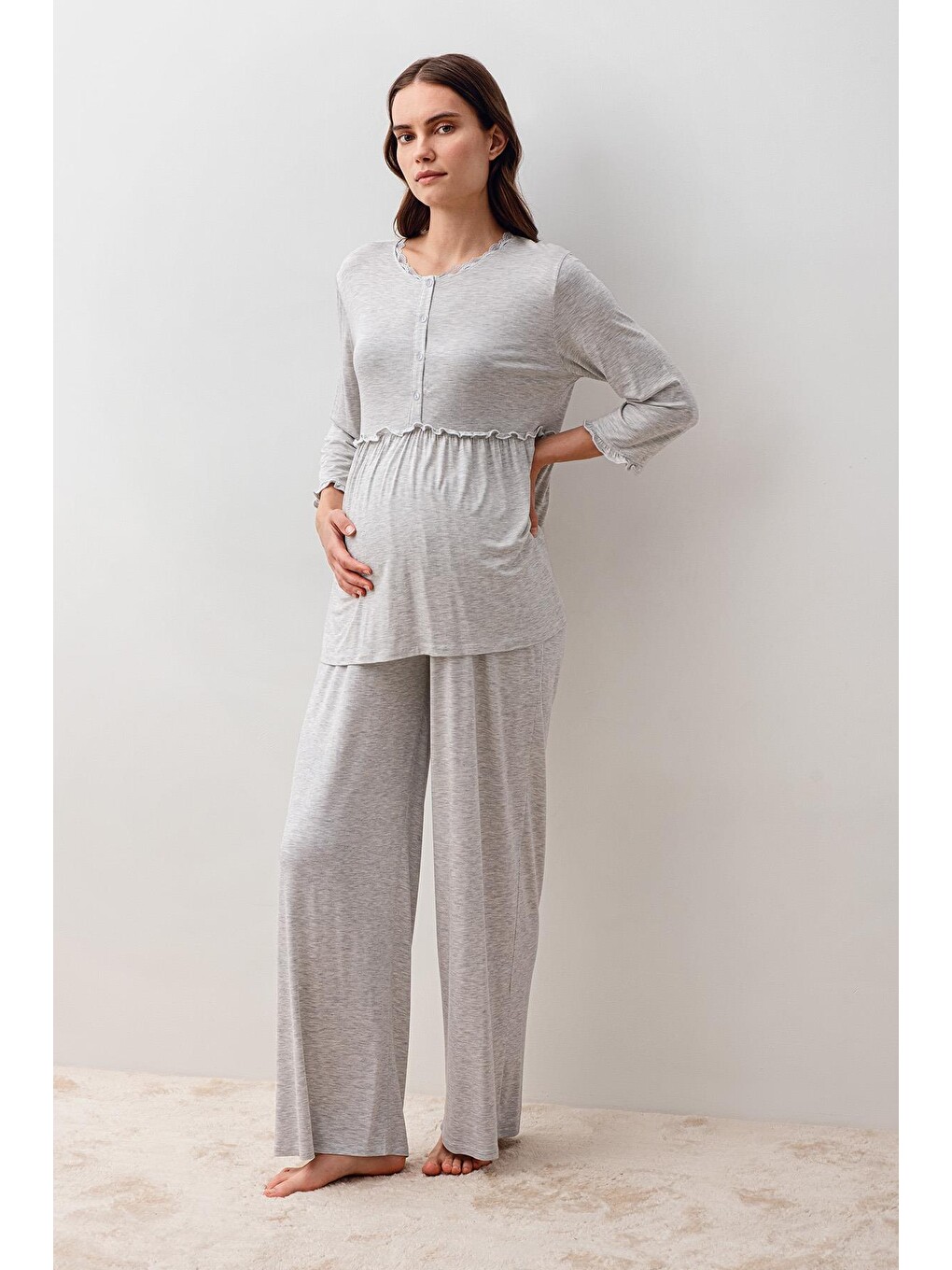 Gri Uzun Kollu Elastanlı Viskoz Hamile Sabahlık Pijama Takım 20302-6