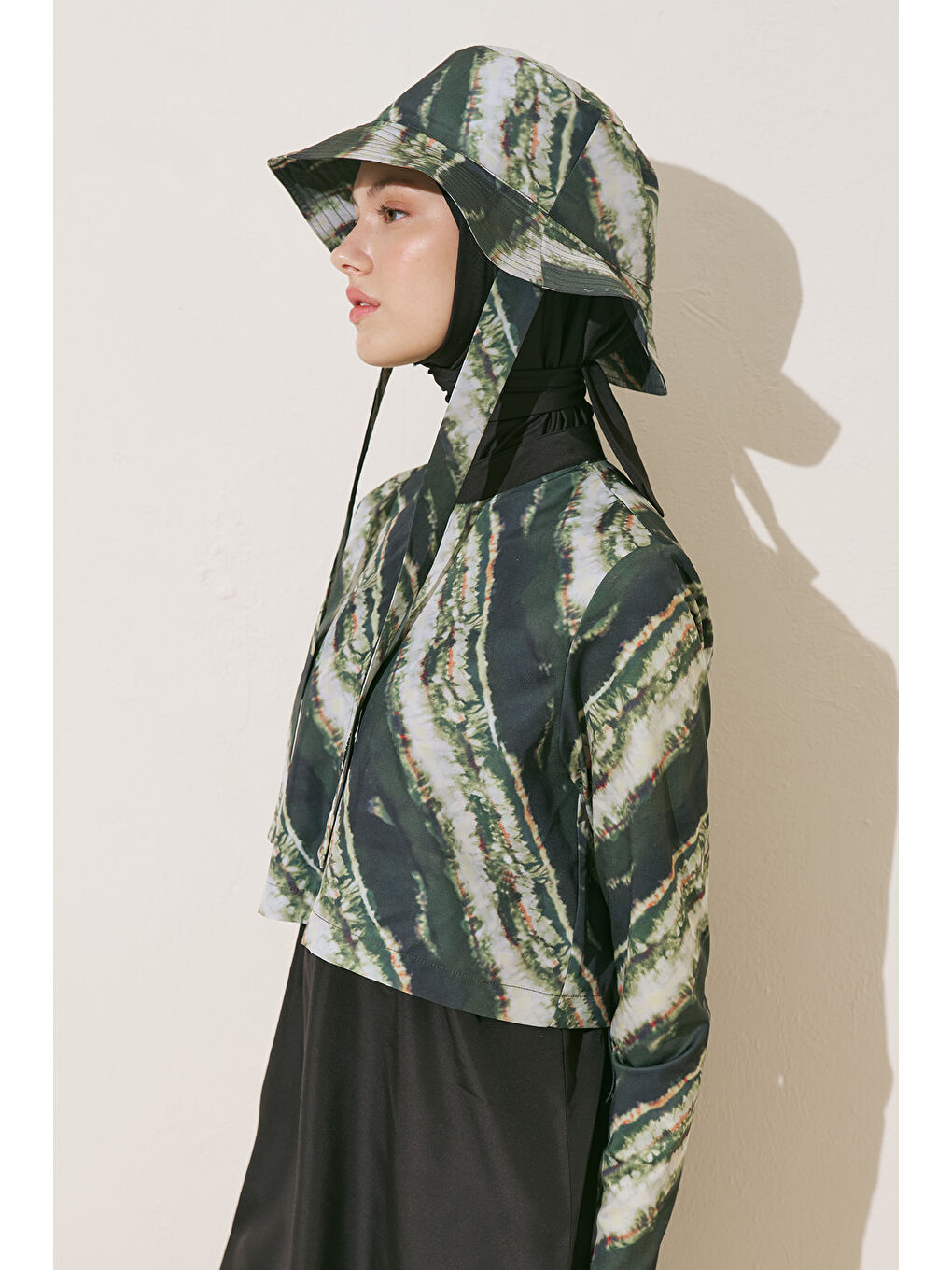 Fermuarlı 3'Lü Tesettür Mayo Takım Batik Yeşil-2