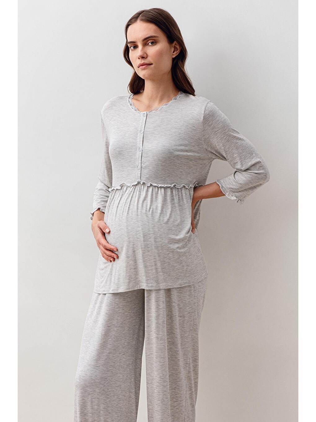 Gri Uzun Kollu Elastanlı Viskoz Hamile Sabahlık Pijama Takım 20302-7