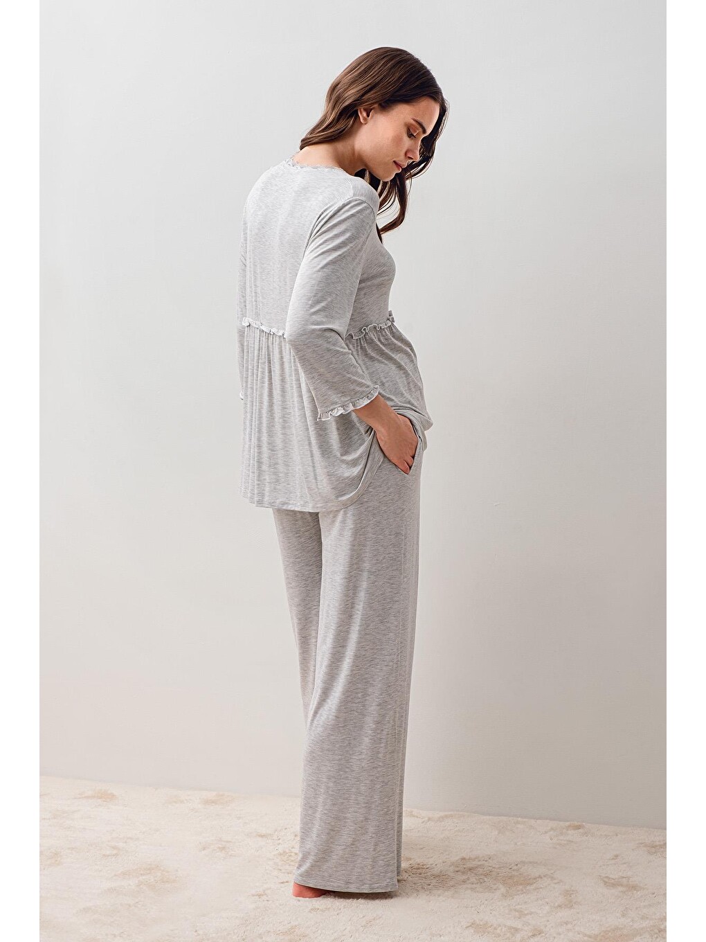 Gri Uzun Kollu Elastanlı Viskoz Hamile Sabahlık Pijama Takım 20302-8