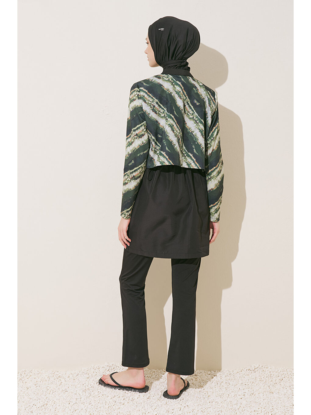 Fermuarlı 3'Lü Tesettür Mayo Takım Batik Yeşil-4