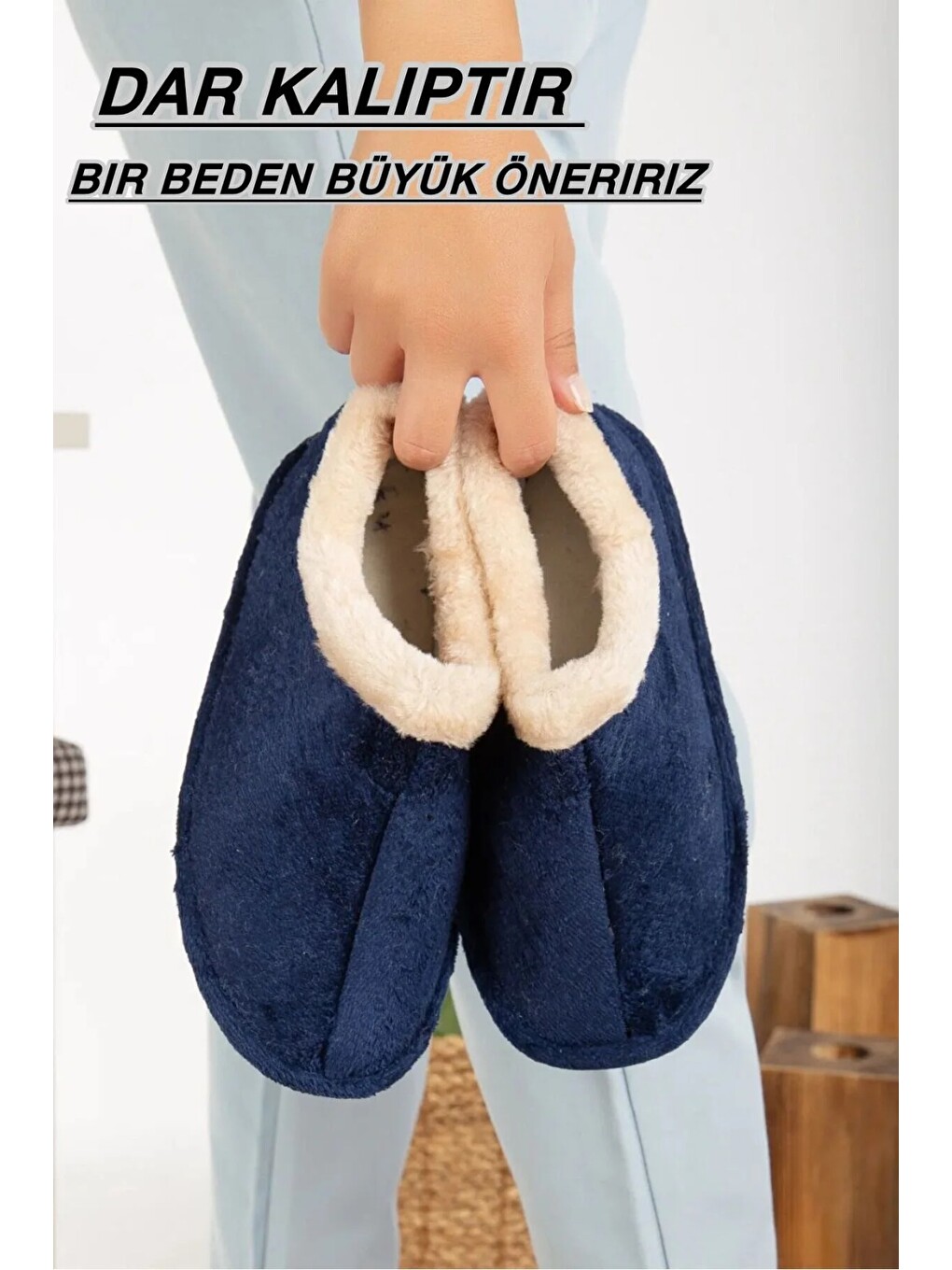 Unisex Pelüş Içi Yünlü Kışlık Panduf Ev Pandufu Lacivert-3