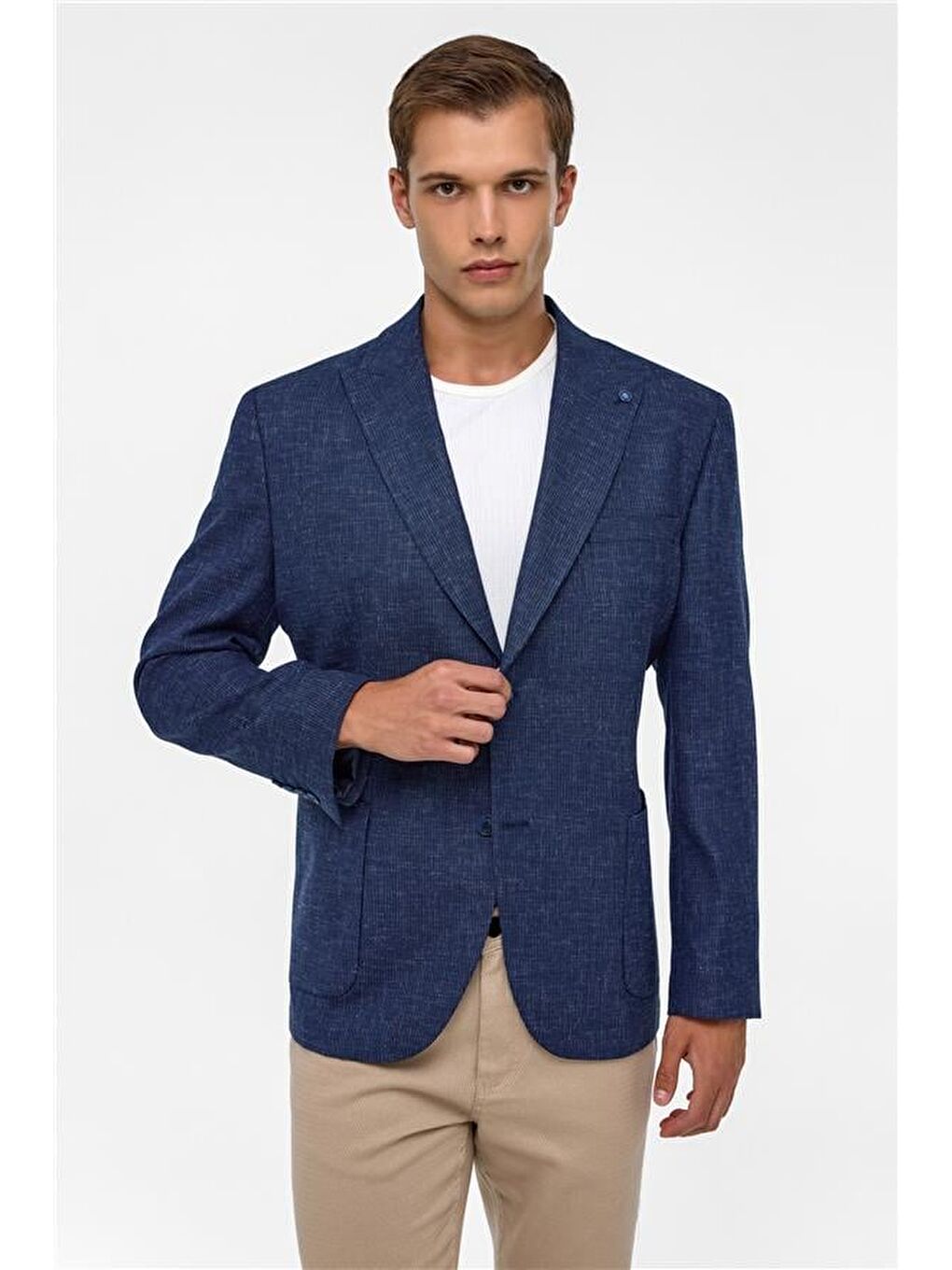 Lacivert Regular Desenli Sivri Yaka 4 Drop Ceket-1