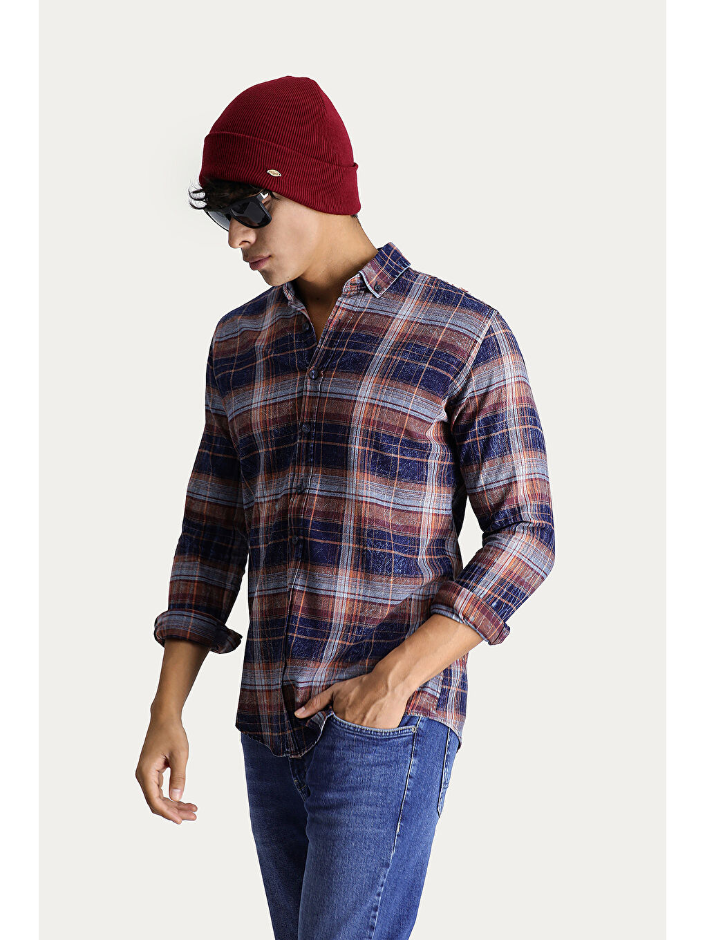 Turuncu Uzun Kol Slim Fit Dar Kesim Ekose Spor Pamuk Düğmeli Yaka Gömlek-1