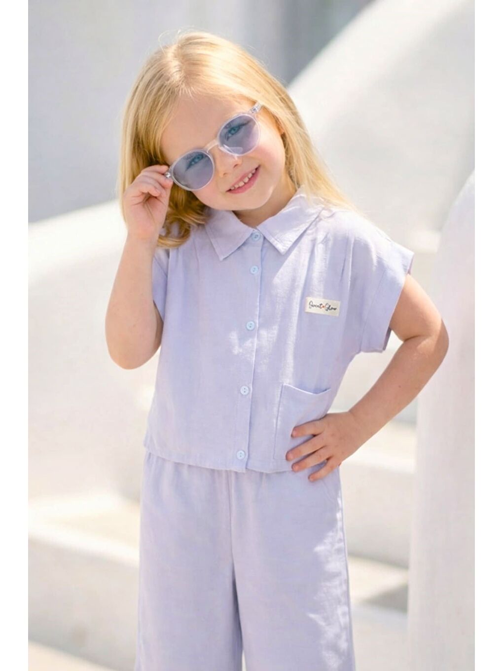 Kız Çocuk Gömlek Ve  Pantolon  İkili Takım - Mavi-1
