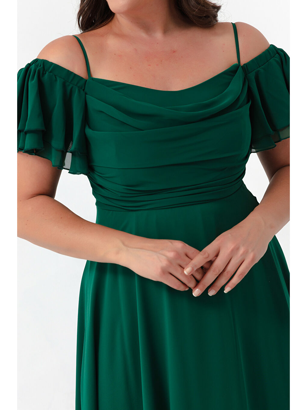 Kadın Zümrüt Yeşili Askılı Kloş Kesim Midi Büyük Beden Abiye Elbise-3