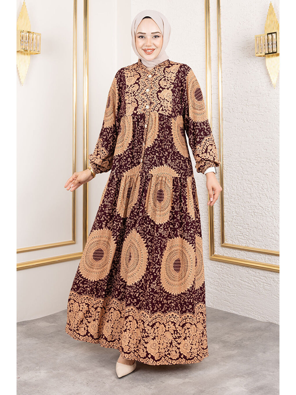 Varak Desenli Viskon Elbise TSD250191 Mürdüm-2