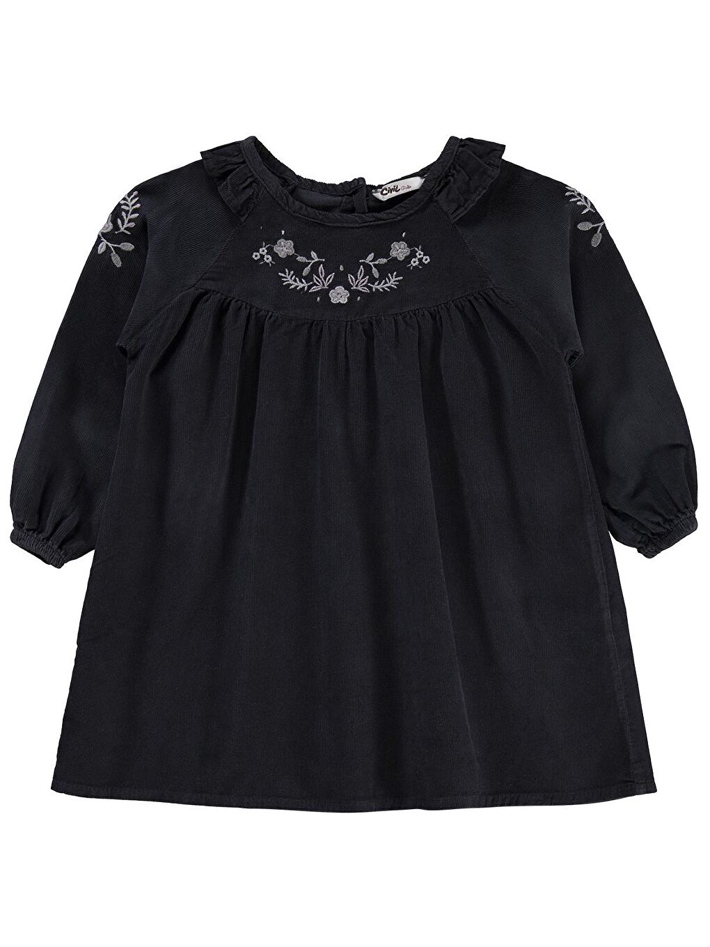 Antrasit Girls Yakası Nakışlı 2-5 Yaş Elbise - Gri 3-4 Yaş