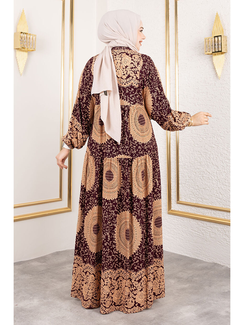 Varak Desenli Viskon Elbise TSD250191 Mürdüm-4