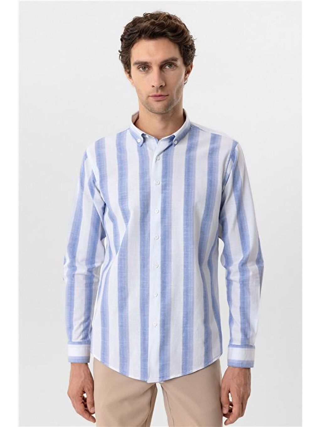 Mavi Slim Desenli Düğmeli Yaka Gömlek-1